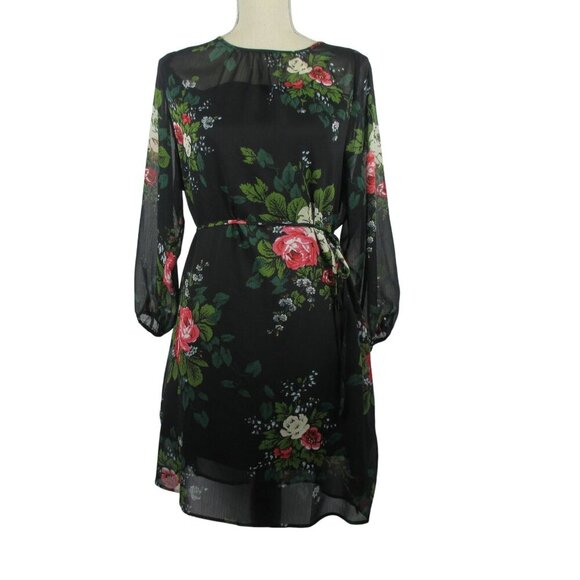 LOFT Dress Petite Black Floral Tie Waist Dark Romantic Size SP $89 - Picture 4 of 8